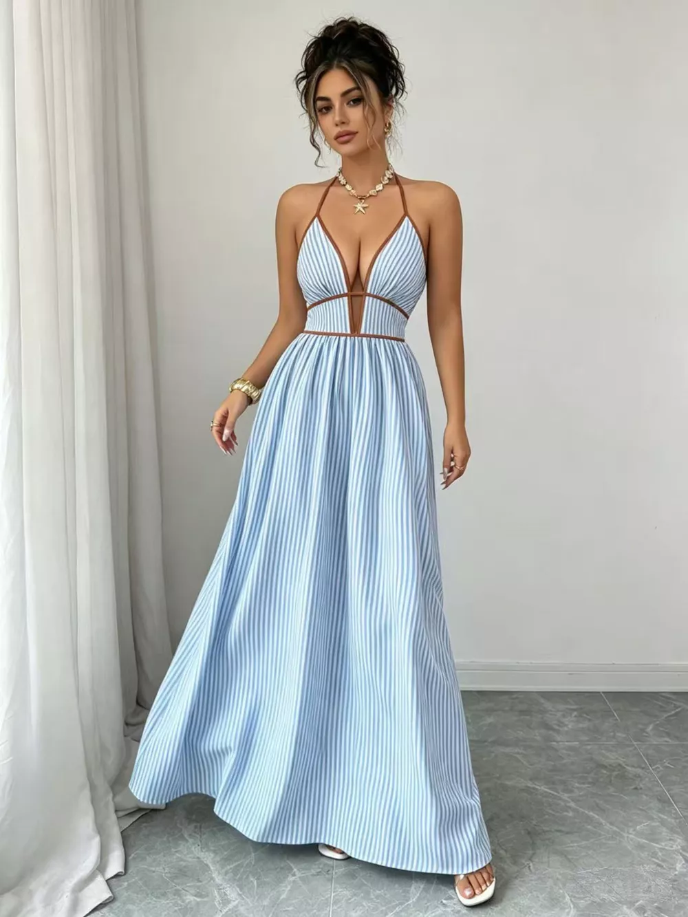 Striped Halter Neck Maxi Dress, image 2