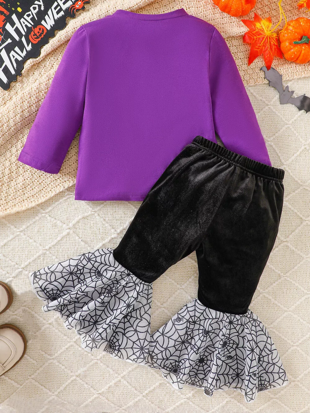 Children's Halloween Pumpkin Long Sleeve Top and Spiderweb Bell Bottom Set, image 14