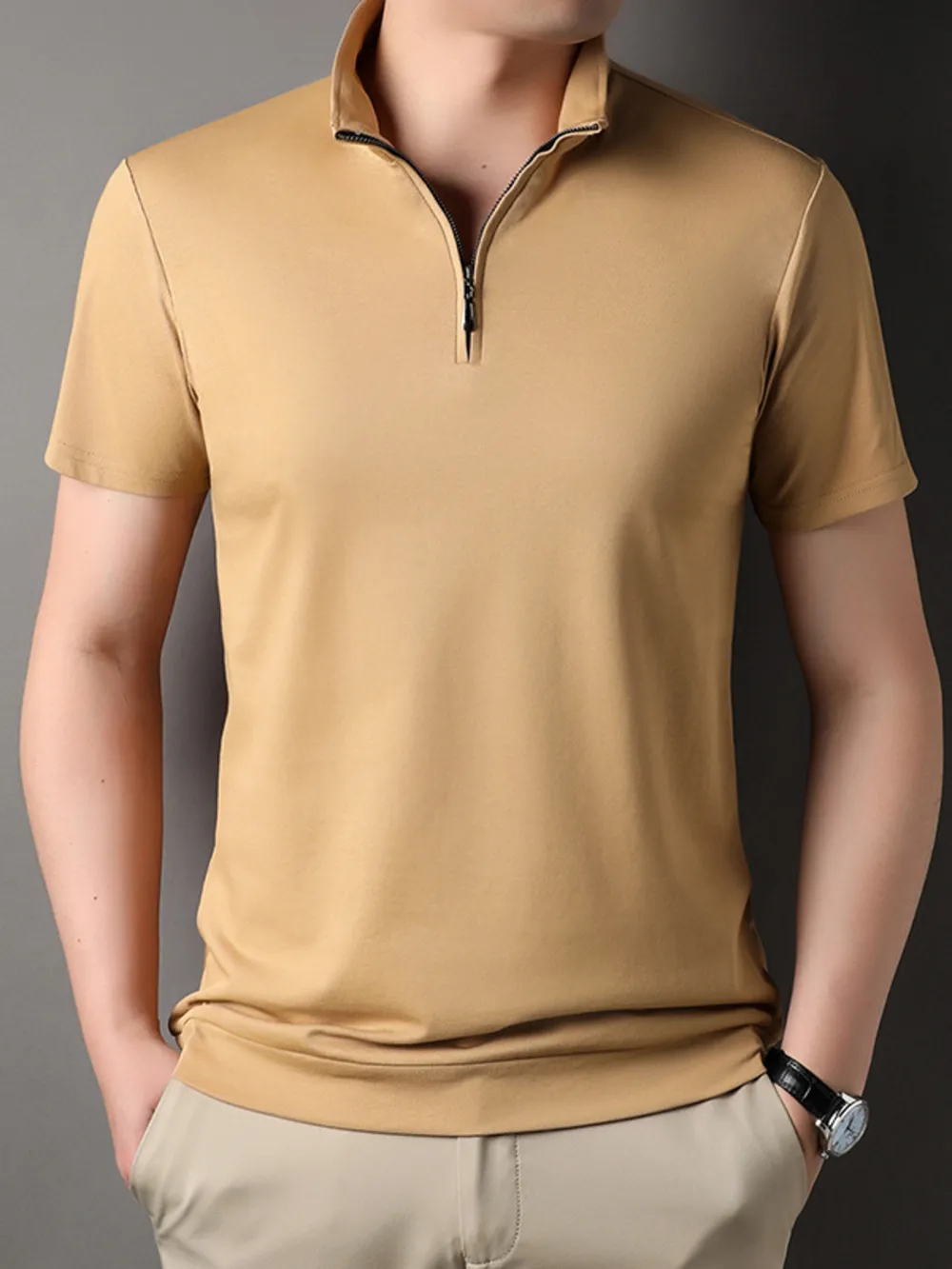 Men's Plus Size Zip Collar Short Sleeve Polo Shirt, image 2