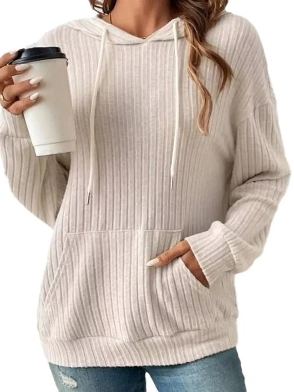 Ribbed Knit Long Sleeve Drawstring Hoodie, image 5