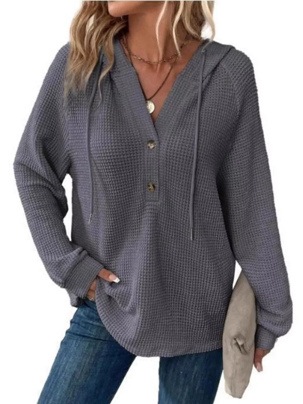 Full Size Button Detail Waffle Knit Hoodie Plus Size, image 34