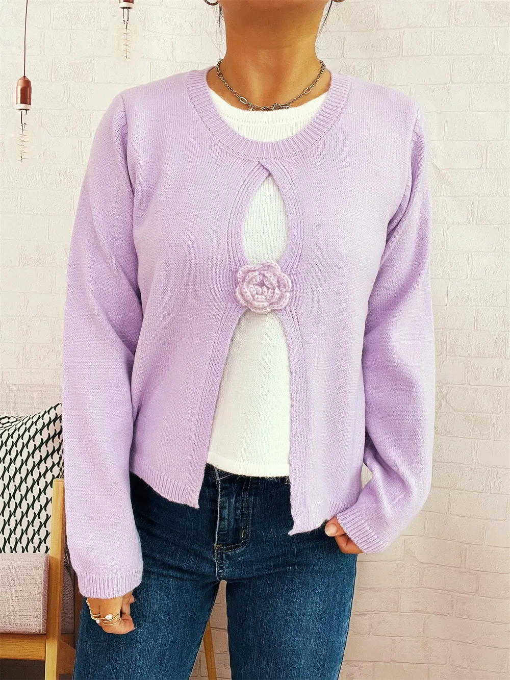 Flower Contrast Round Neck Sweater, image 5