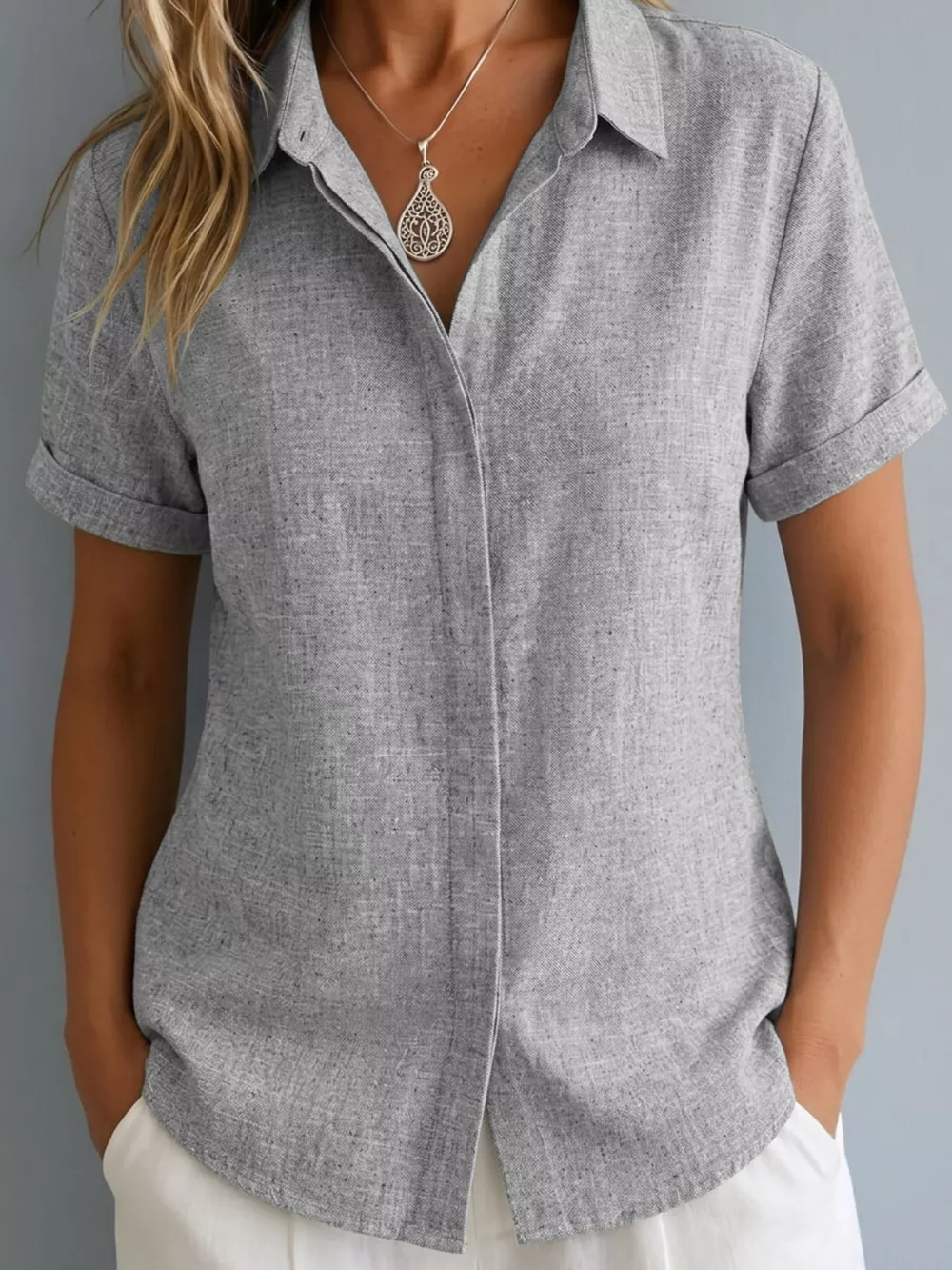 Full Size Collared Neck Short Sleeve Shirt Plus Size, image 3