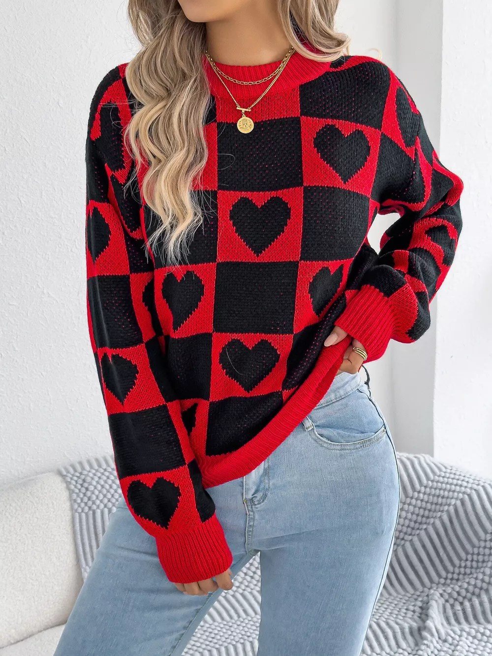 Heart Checkerboard Pattern Round Neck Sweater, image 4