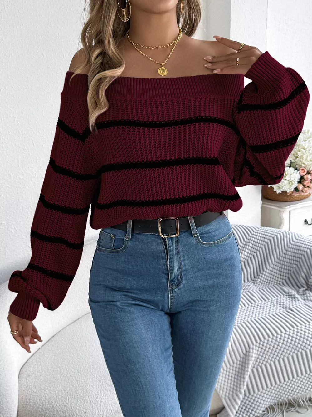 Off-Shoulder Striped Contrast Sweater, image 19