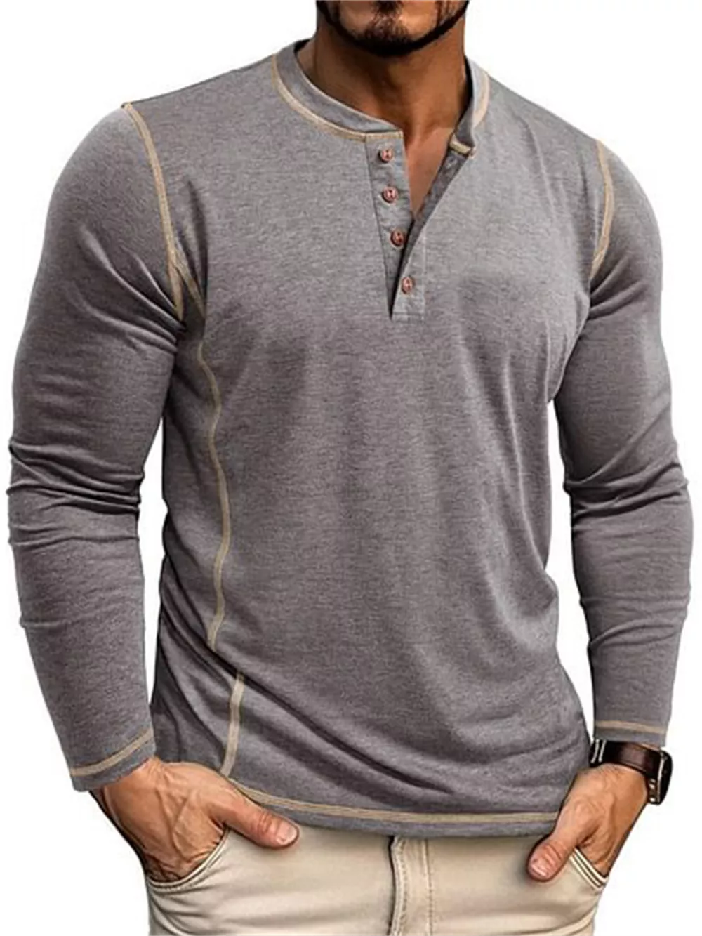 Men's Full Size Casual Button Detail Long Sleeve T-Shirt Plus Size, image 3