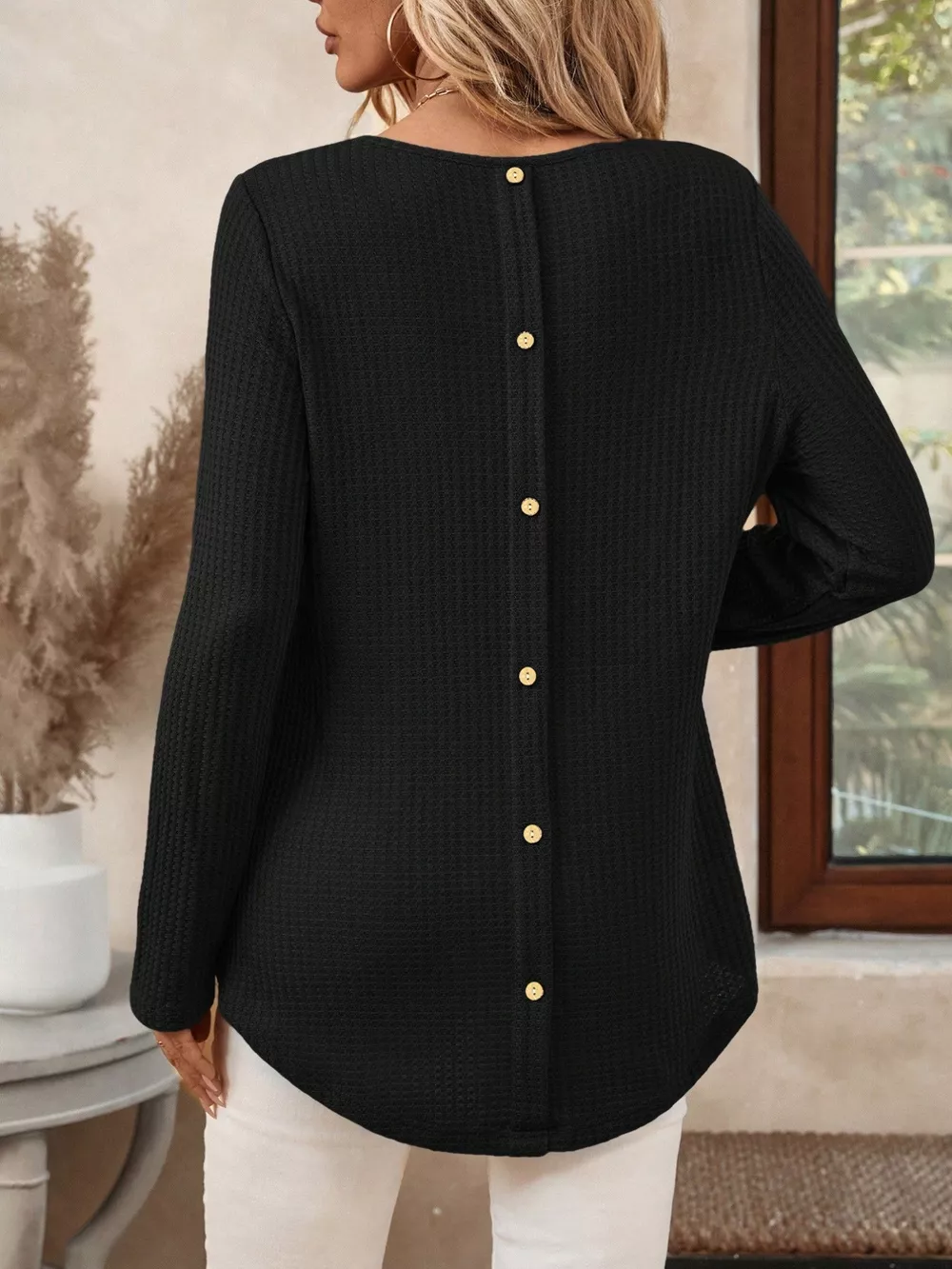 Plus Size Casual Waffle Knit Long Sleeve T-Shirt, image 8