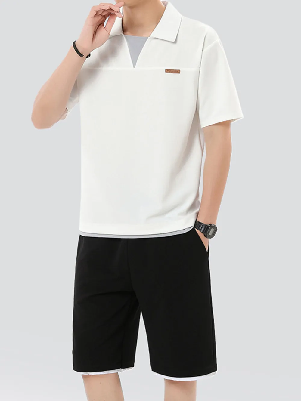 Men's Plus Size Johnny Collar Top and Shorts Set, image 2