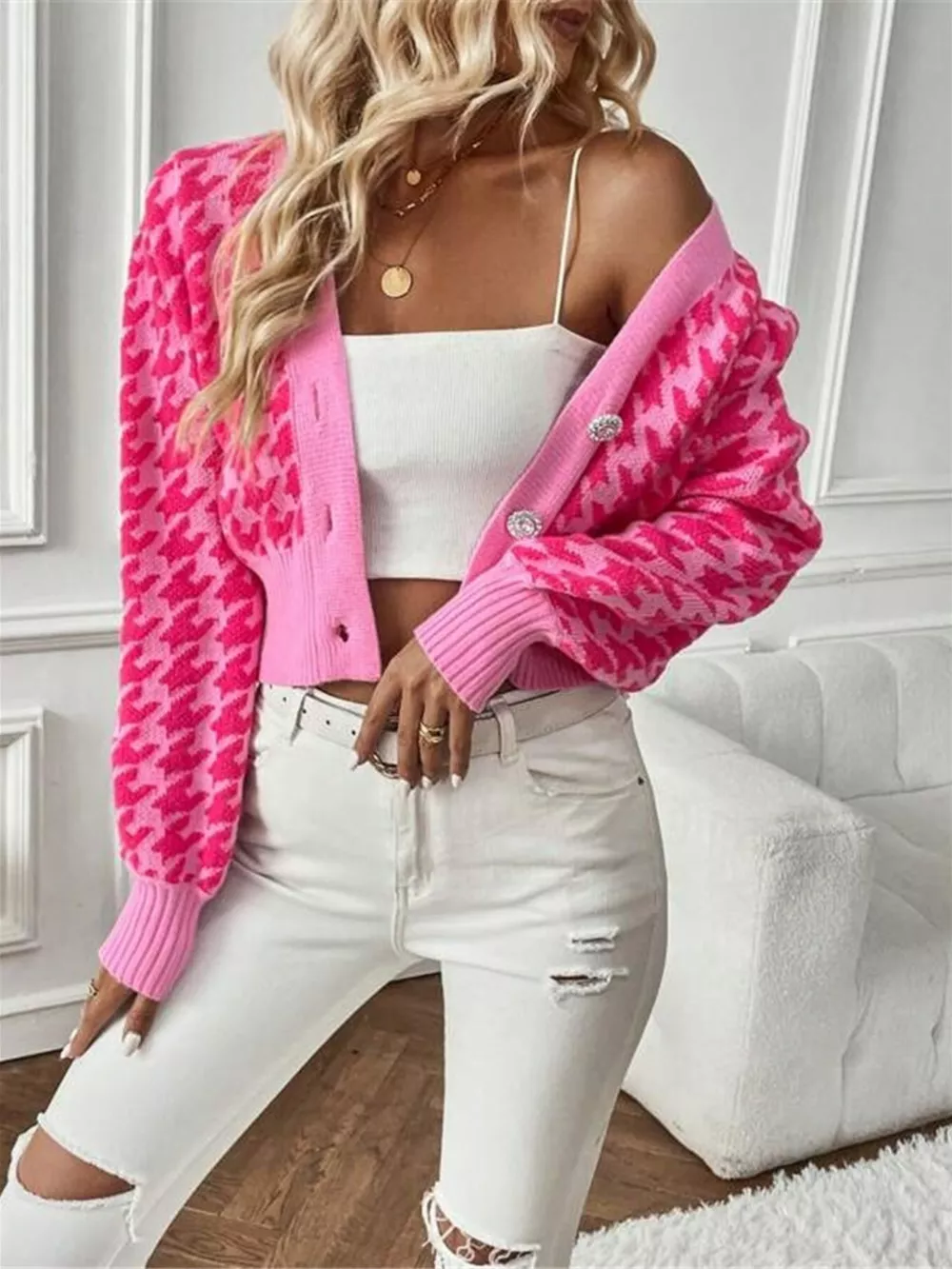 Houndstooth V-Neck Button Up Cardigan, image 11