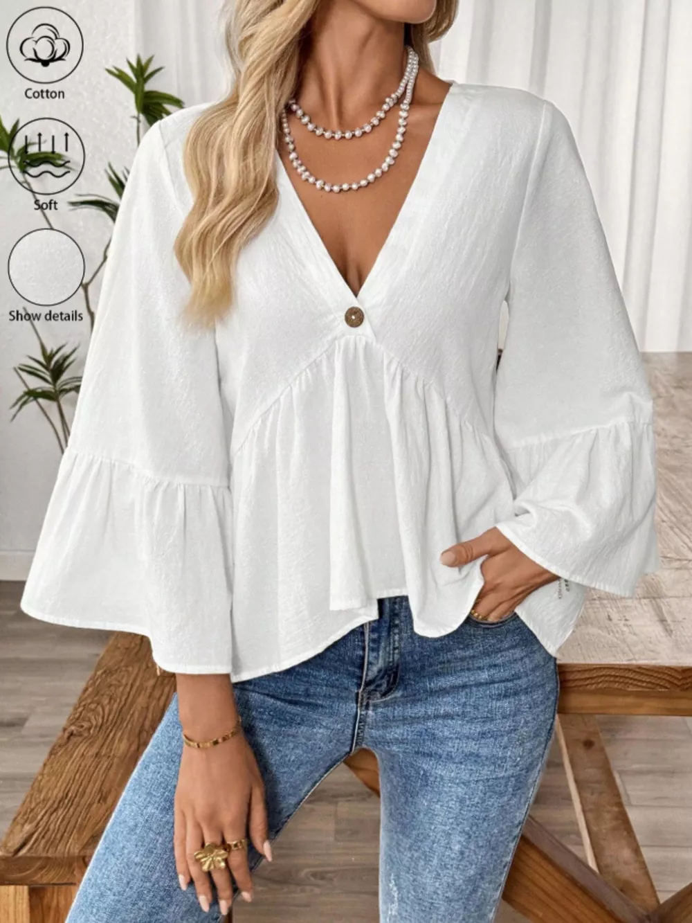 V-Neck Bell Sleeve Blouse, image 3