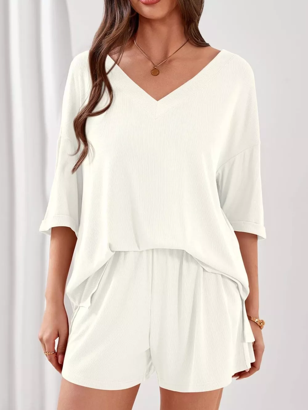Casual Solid Color V-Neck Top & Shorts Set, image 27