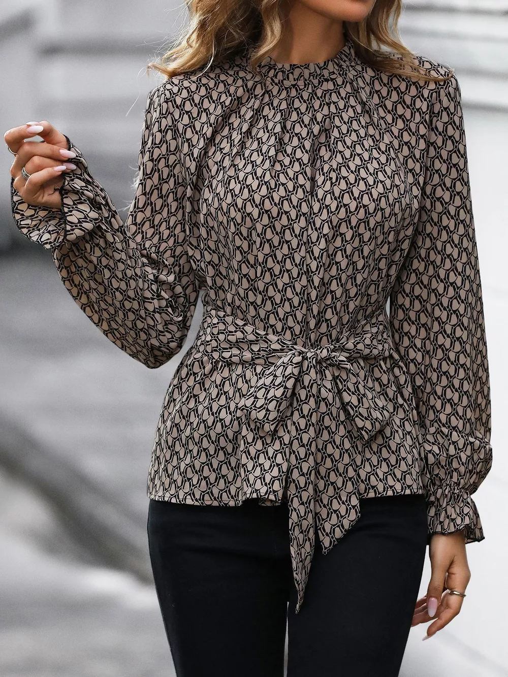 Printed Tie-Waist Flounce Sleeve Blouse, image 6