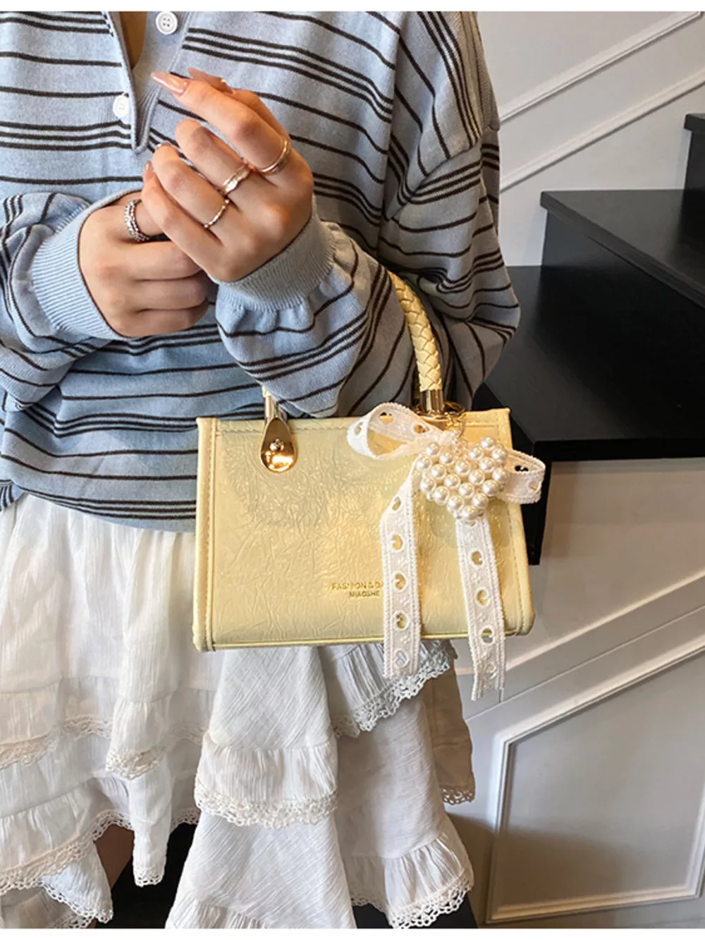 Braided Handle Pearl Decor Crossbody Bag, image 14