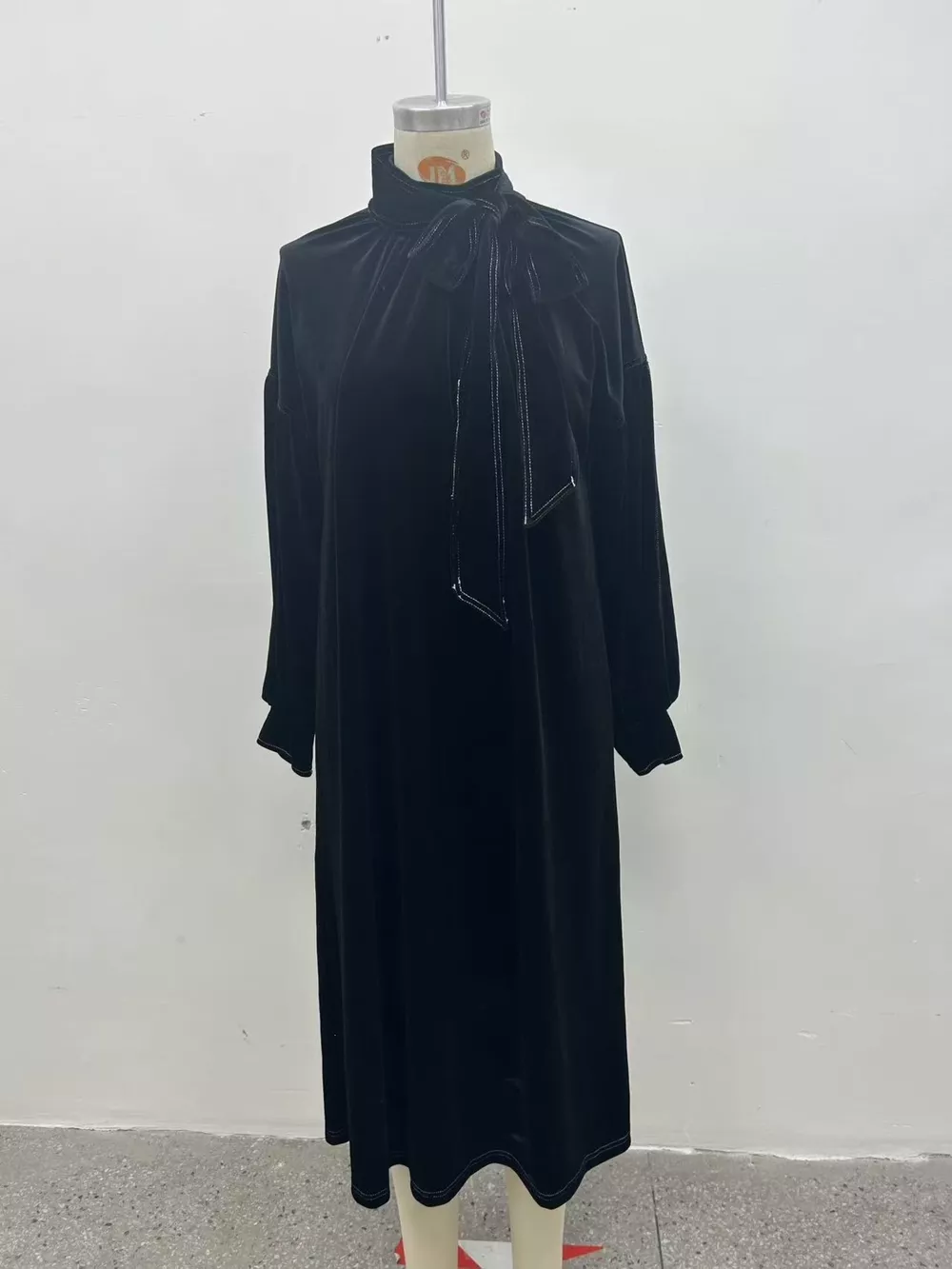 Full Size Velvet Tie-Neck Lantern Sleeve Midi Dress Plus Size, image 8