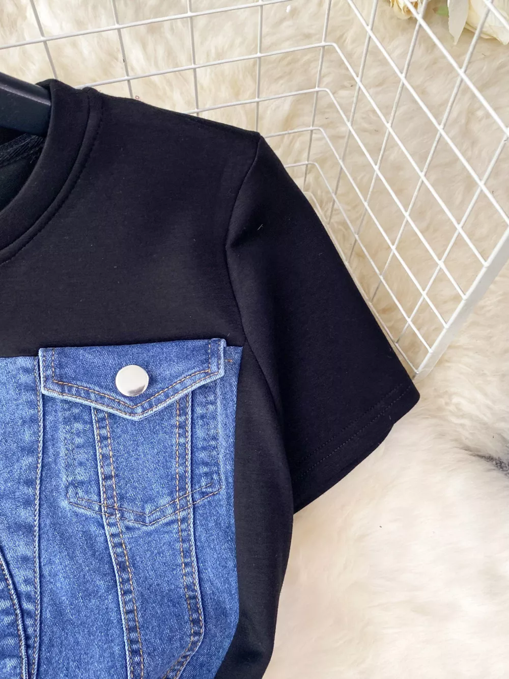 Full Size Denim Patchwork Short Sleeve Slit Back Dress Plus Size, image 14
