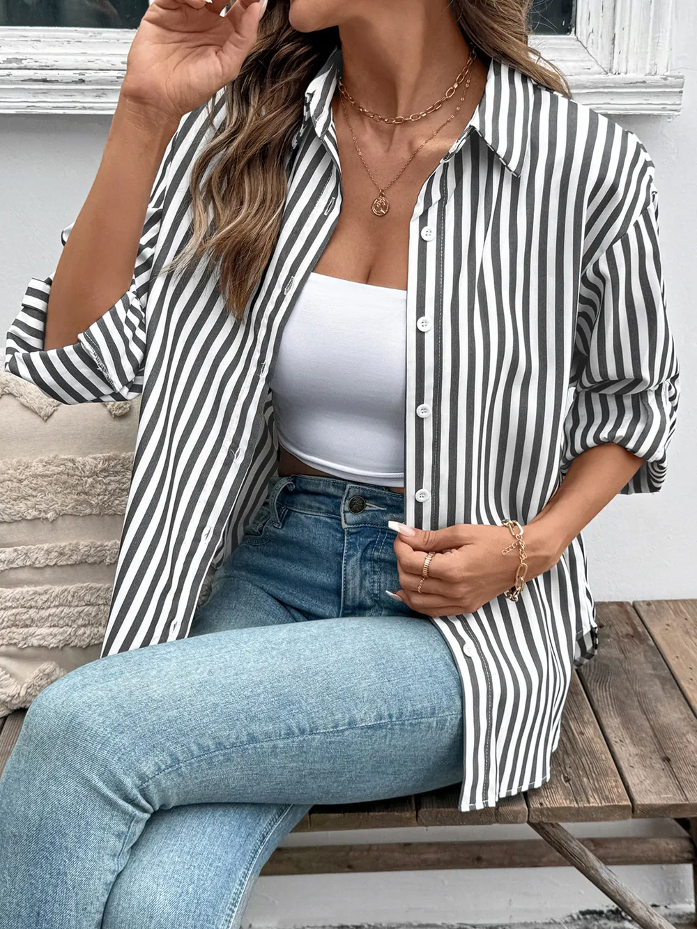 Striped Oversized Button-Up Shirt, image 9