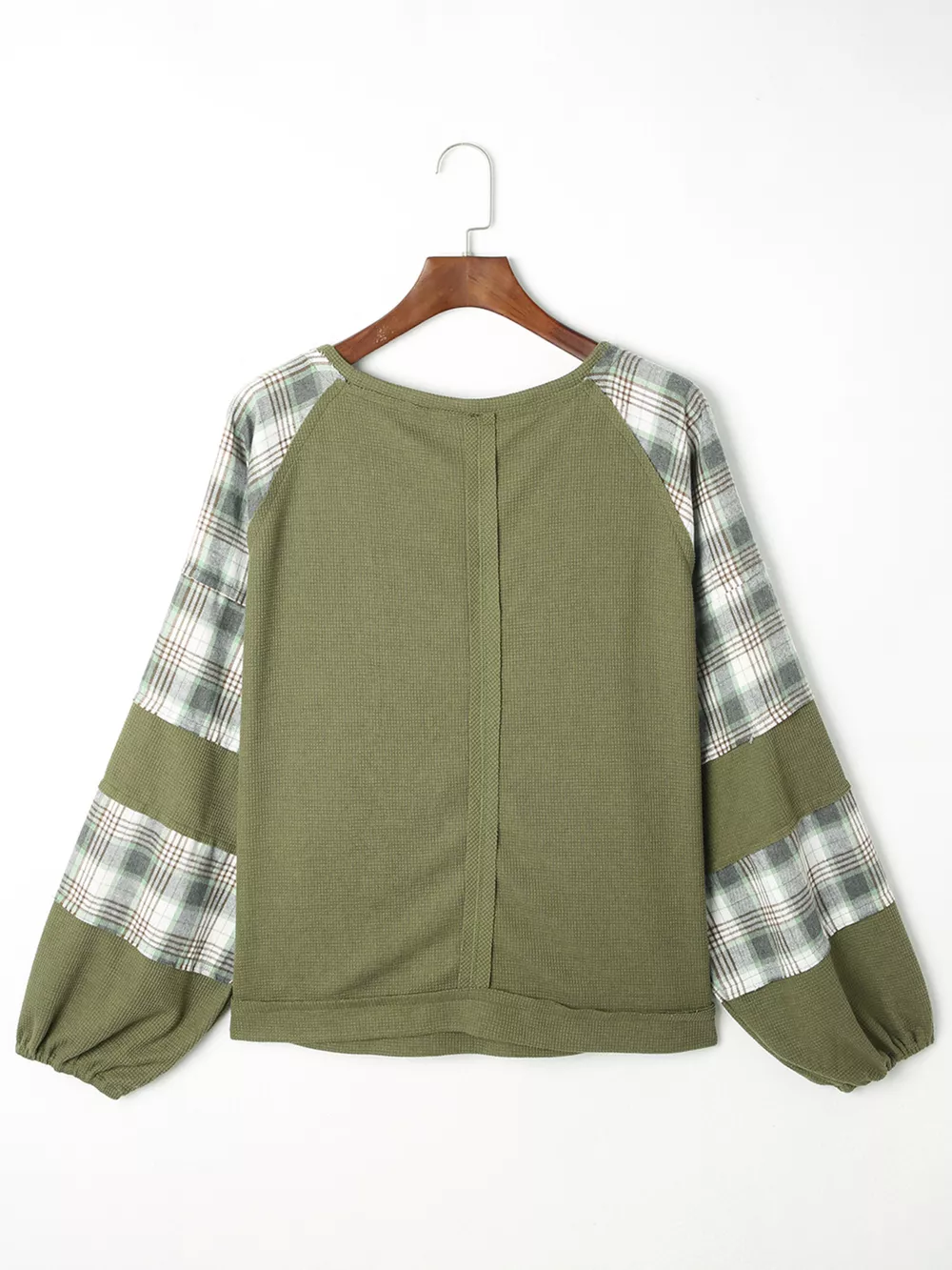 Plaid Patch Waffle Knit Exposed Seam Bubble Sleeve Top, image 6