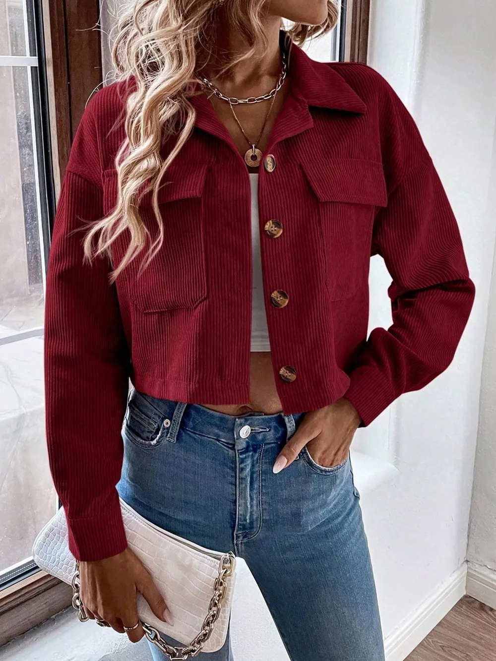 Cropped Corduroy Button-Down Jacket, image 16