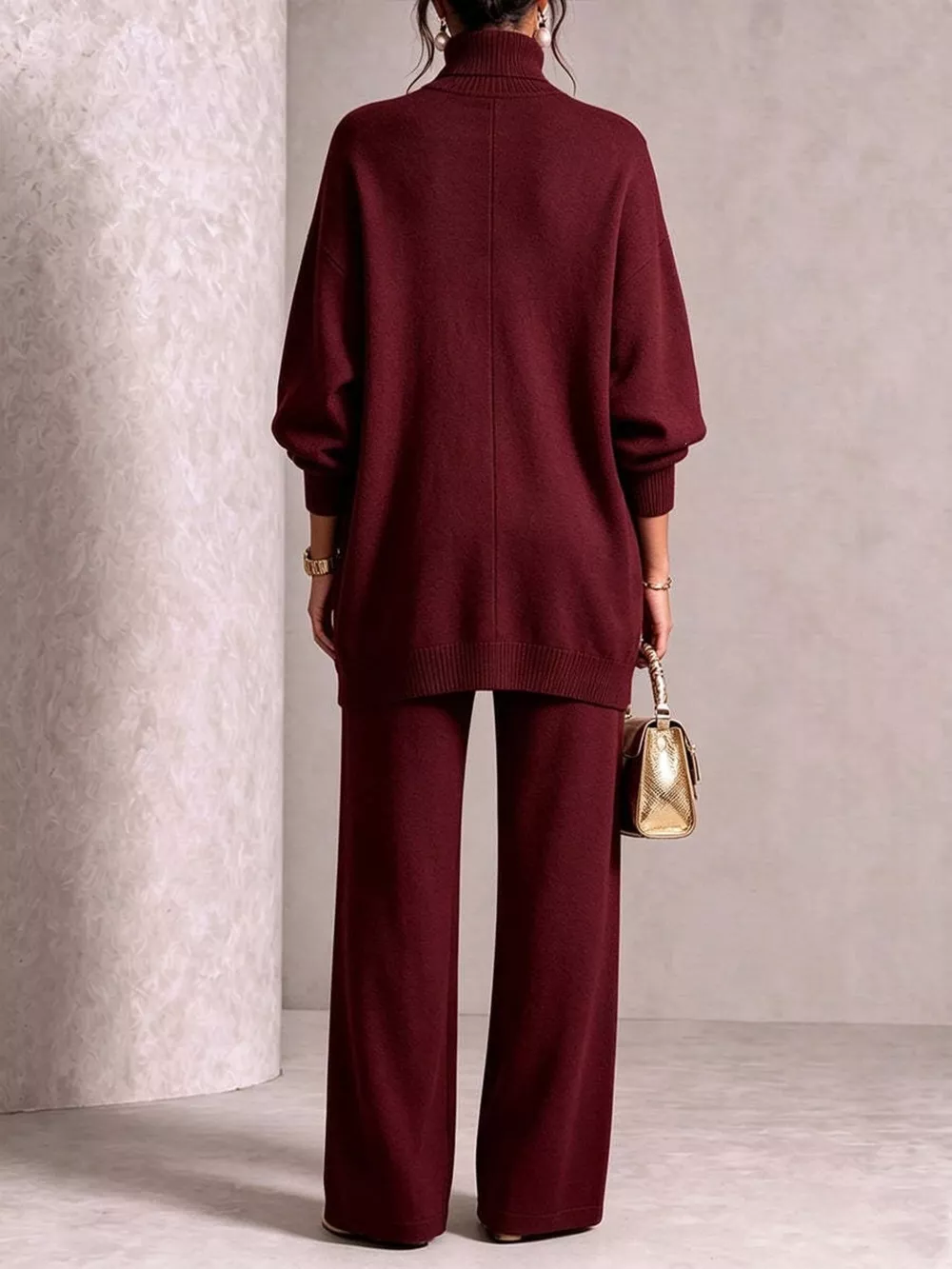 Full Size Elegant Turtleneck Asymmetric Button-Decorated Sweater and Pants Set Plus Size, image 14