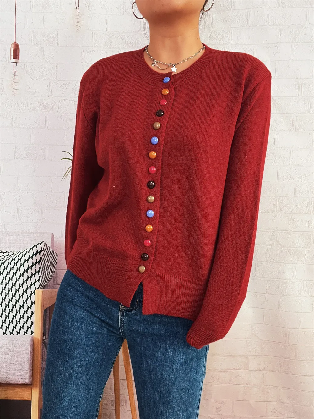 Button-Front Cardigan with Colorful Detail Buttons, image 21