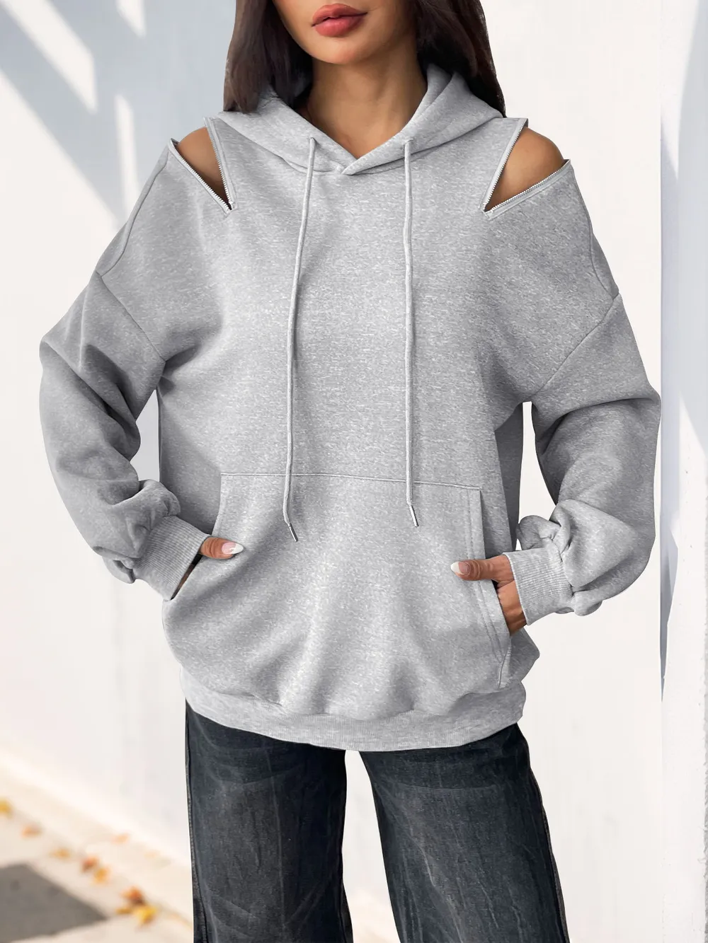 Drawstring Zip Detail Cold Shoulder Hoodie, image 8