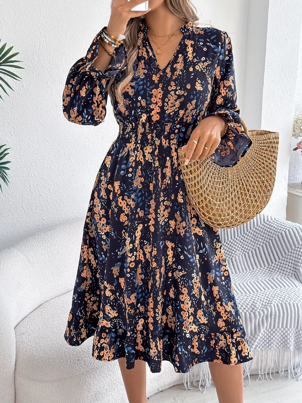 Floral Print Ruffle Hem Flounce Sleeve A-Line Dress, image 8