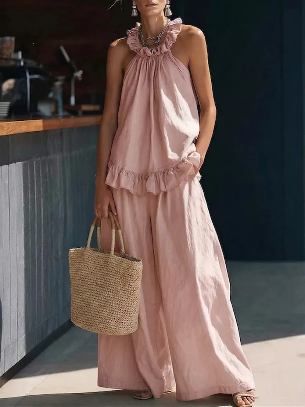 Full Size Ruffled Halter Neck Top and Wide-Leg Pants Set Plus Size, image 7