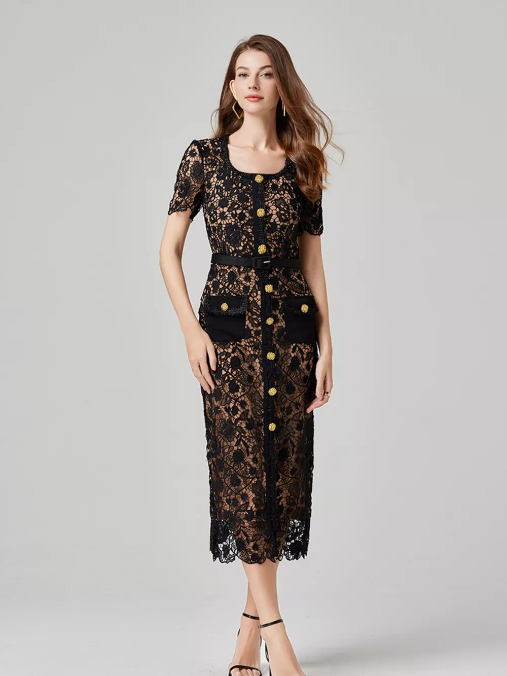 Lace Button-Up Midi Dress, image 2