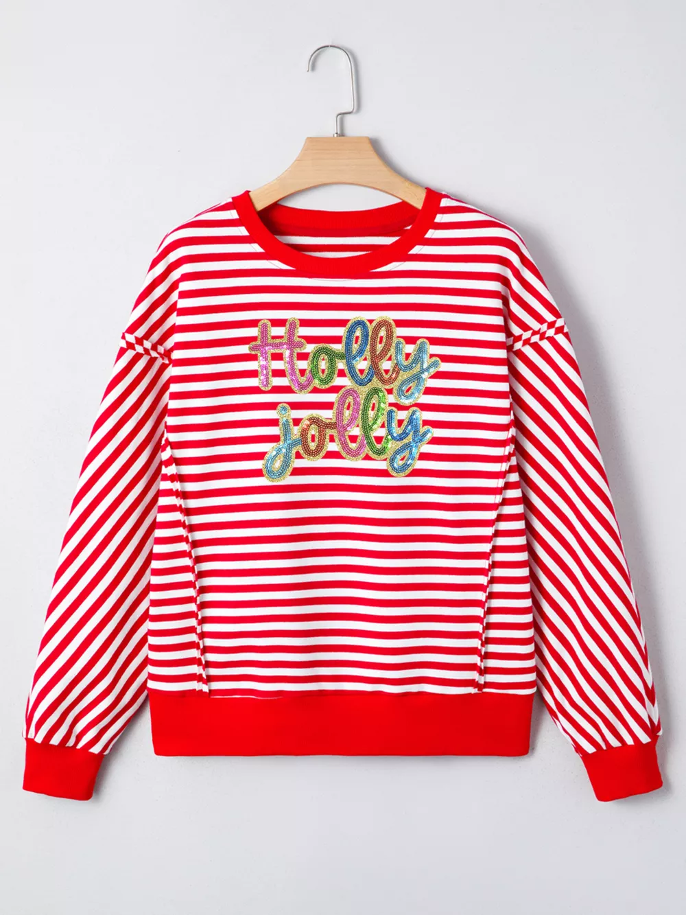 Stripe Holly Jolly Sequin Graphic Drop Shoulder Long Sleeve Top, image 4
