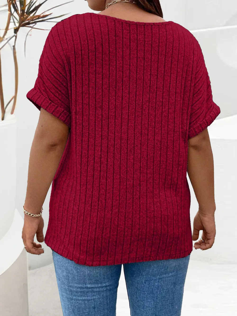 Plus Size Ribbed Half Zip Relaxed Fit T-Shirt, image 26