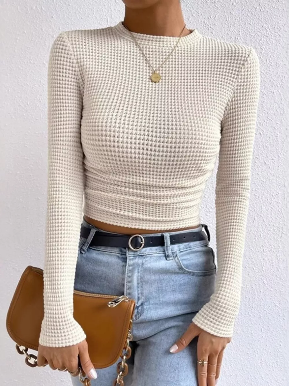 Waffle Knit Long Sleeve T-Shirt, image 3