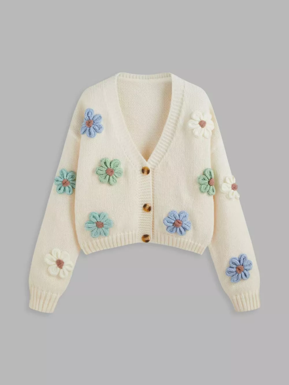 Floral Applique V-Neck Knit Cardigan, image 3
