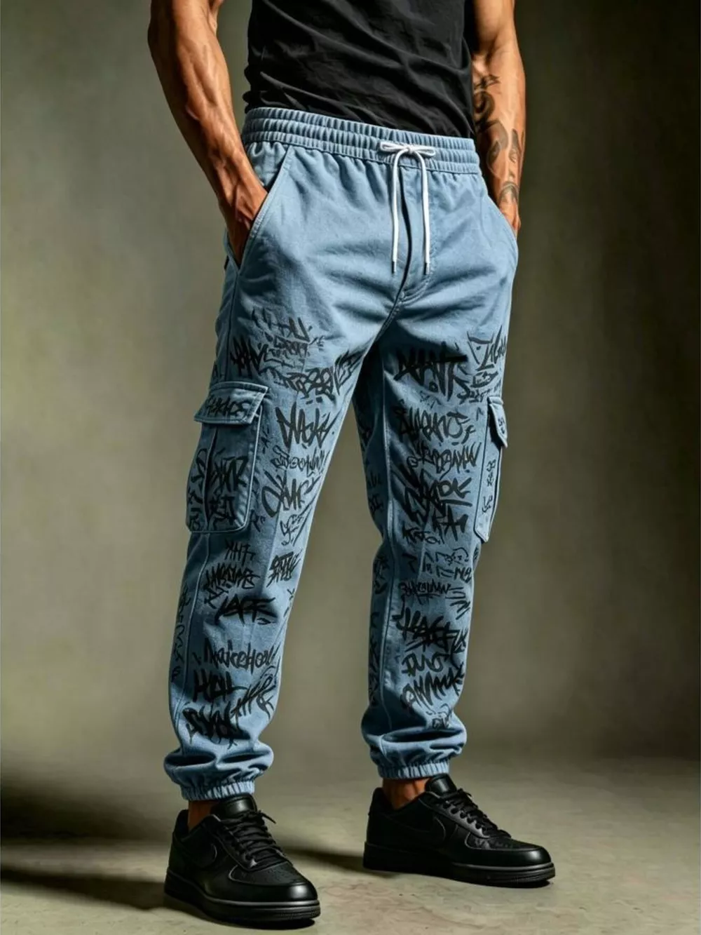 Men's Full Size Graffiti Print Cargo Joggers Plus Size