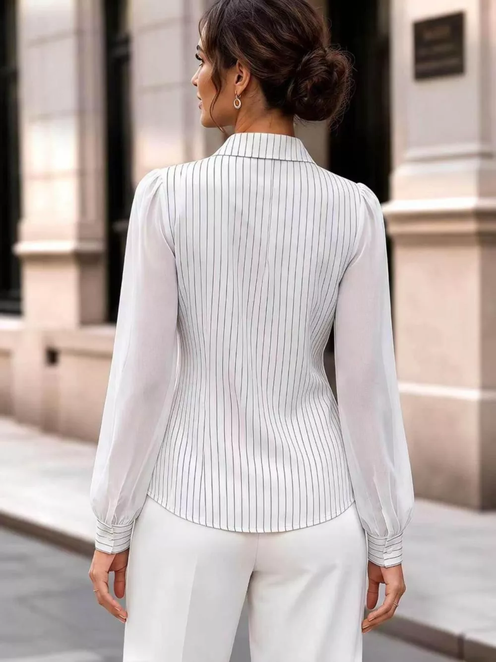 Striped Tie Waist Long Sleeve Shirt, image 3