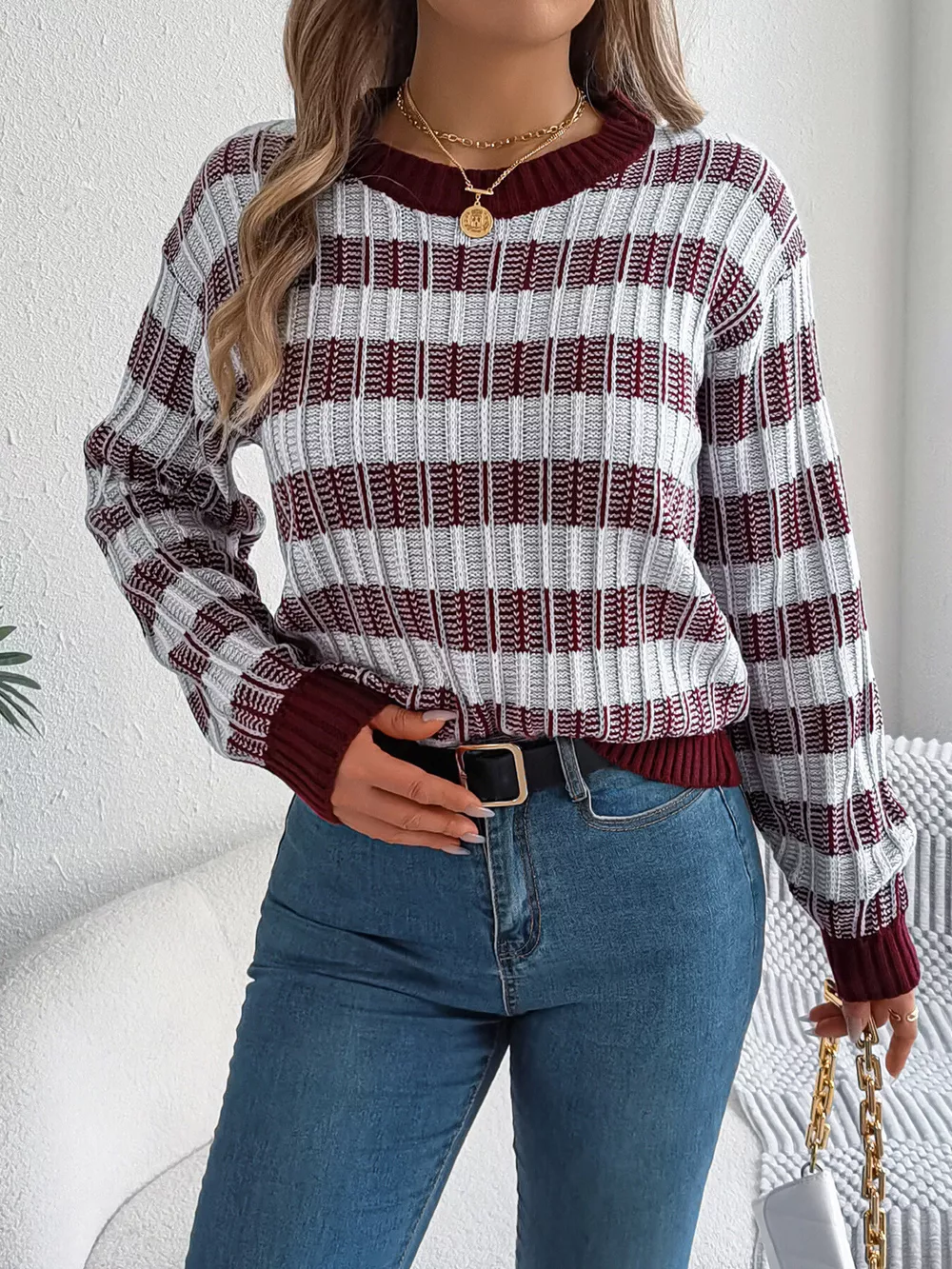 Striped Round Neck Long Sleeve Sweater, image 17