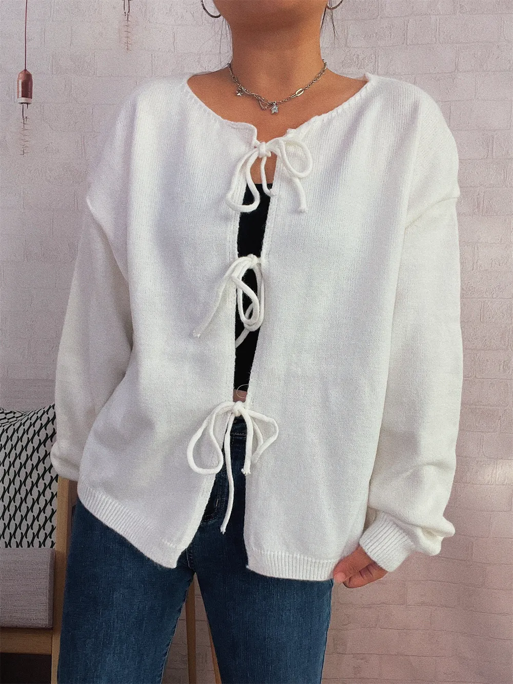 Tie Front Drop Shoulder Cardigan, image 2