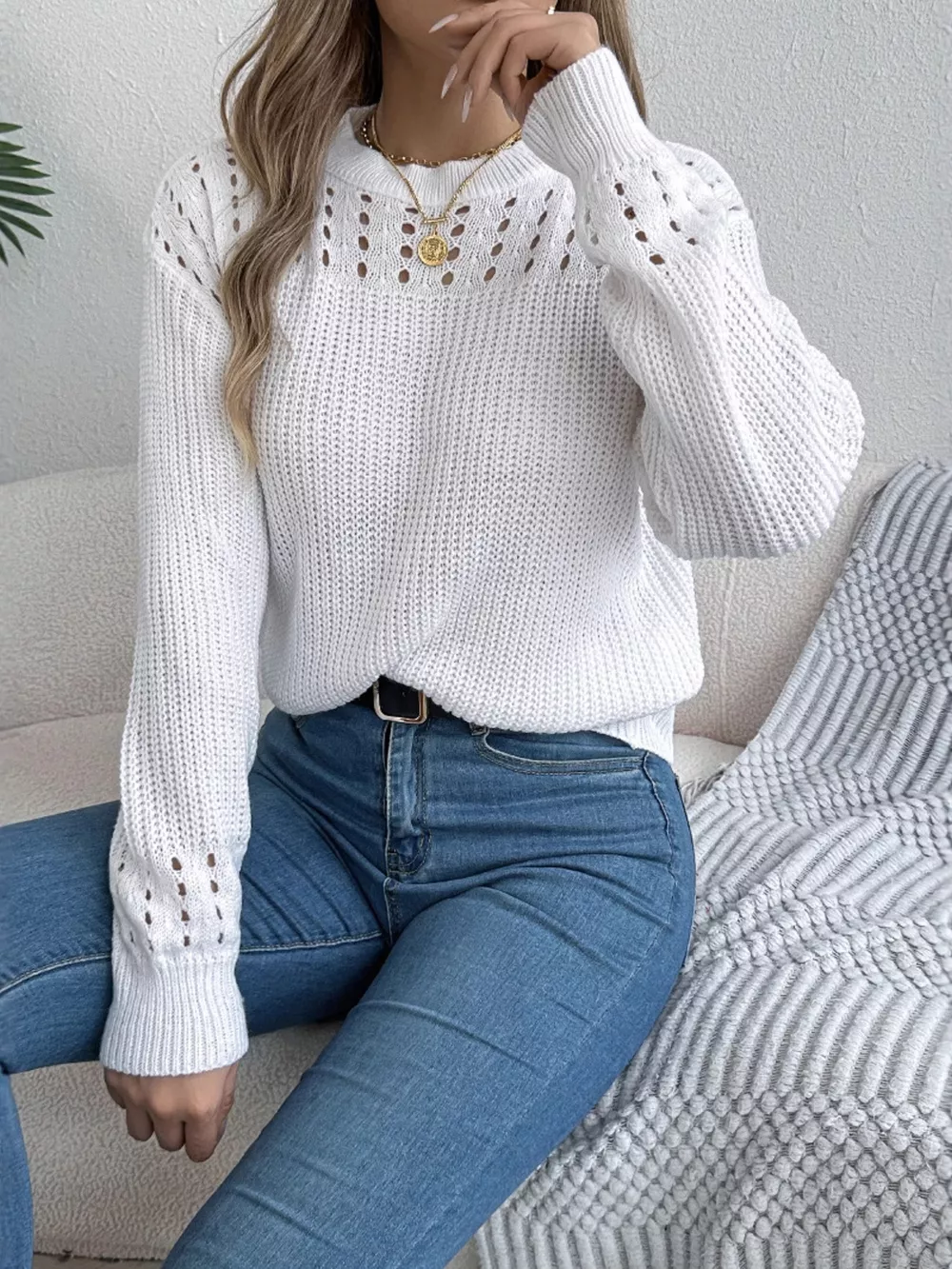 Openwork Round Neck Long Sleeve Sweater, image 11