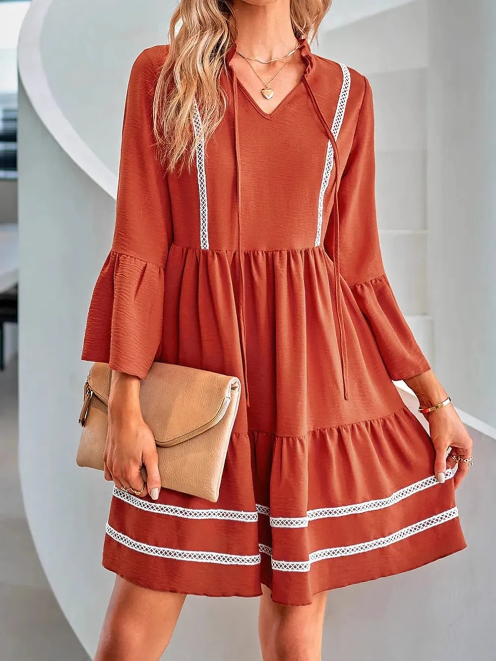 Tie-Neck Long Sleeve Mini Dress with Trim Detail, image 8