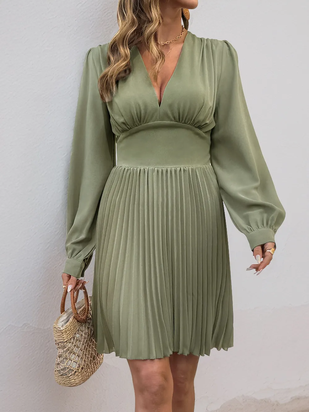 Pleated Long Sleeve V-Neck Dress, image 4