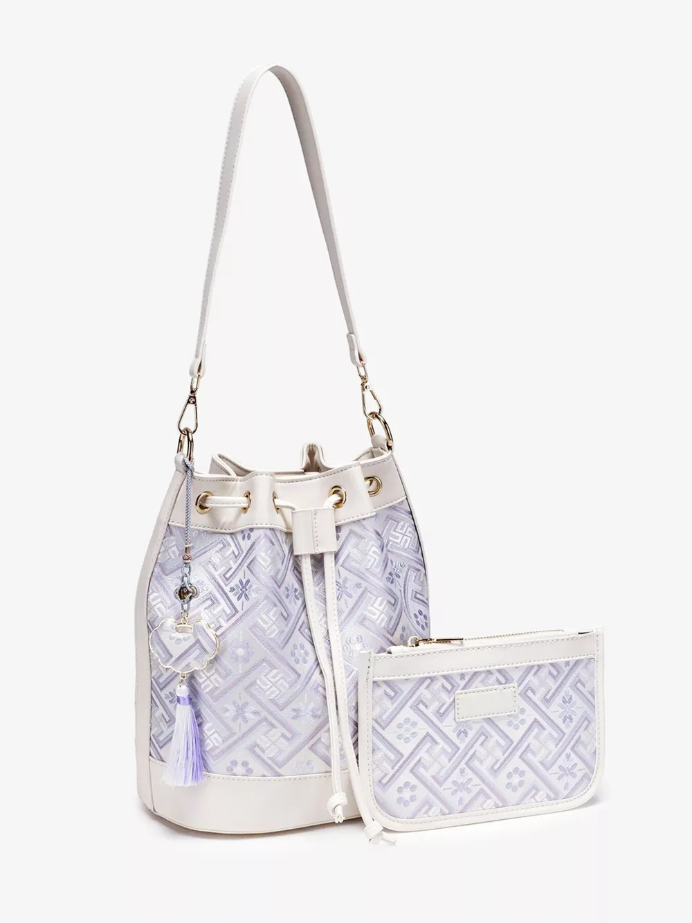 Geometric Pattern Jacquard Drawstring Bucket Crossbody Bag, image 7