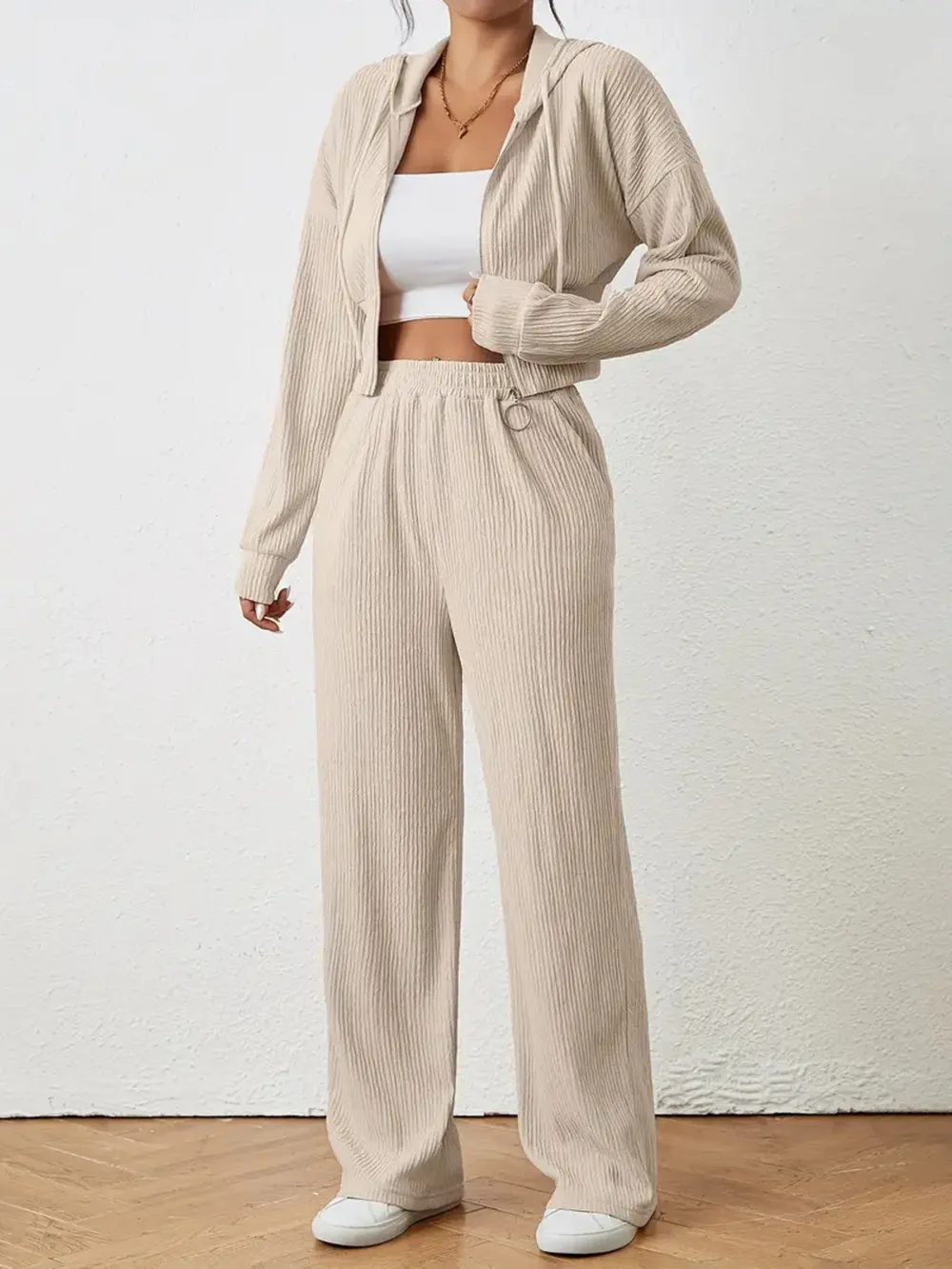 Drawstring Zip Up Hooded Top and Pants Set, image 3