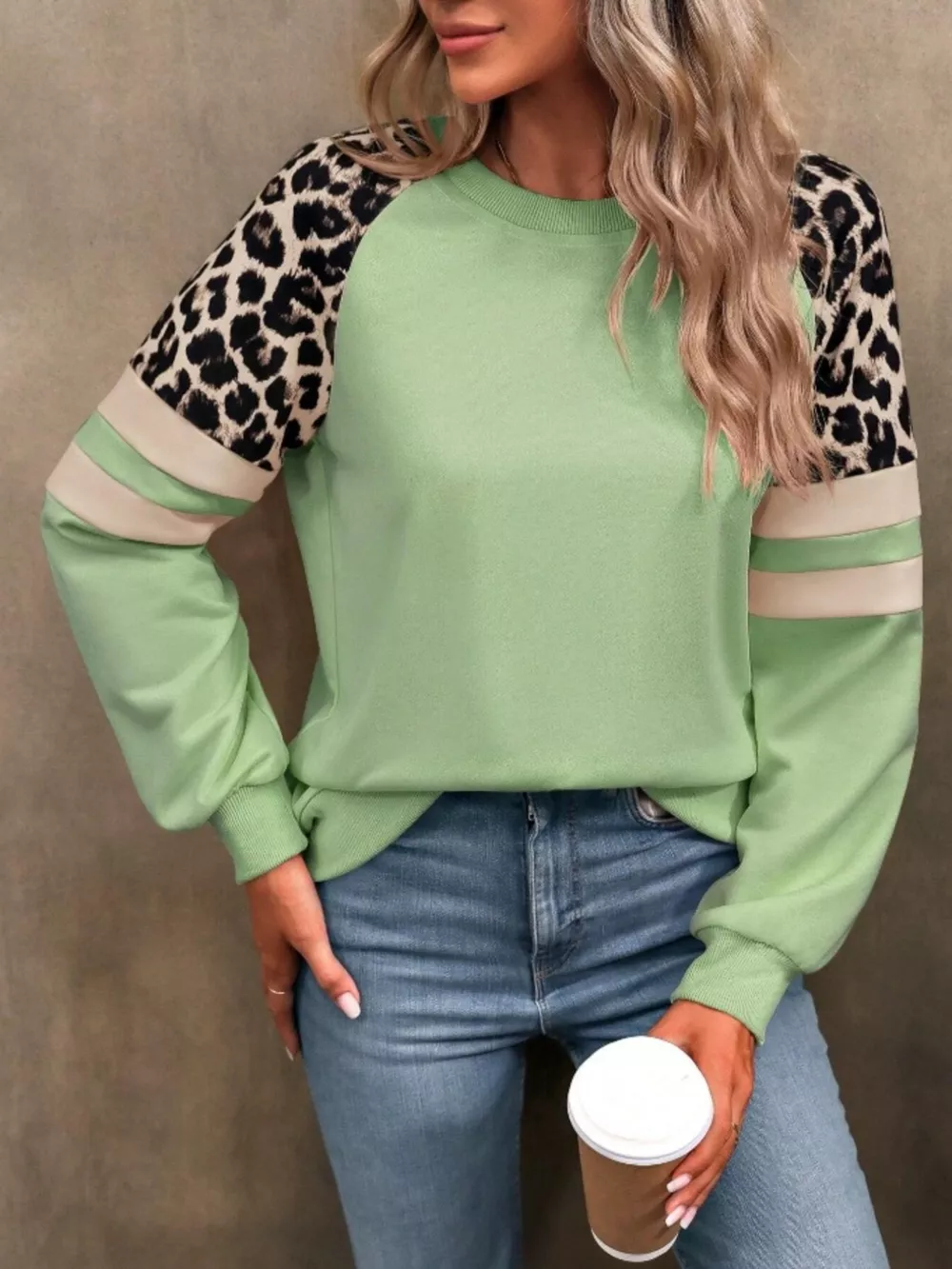 Leopard Round Neck Raglan Sleeve Sweatshirt, image 19