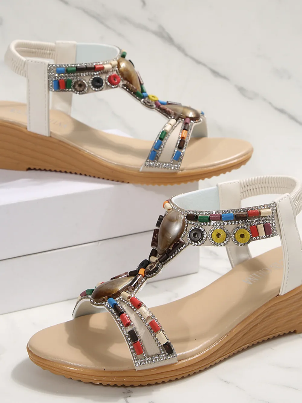 Bohemian Beaded T-Strap Wedge Sandals, image 4