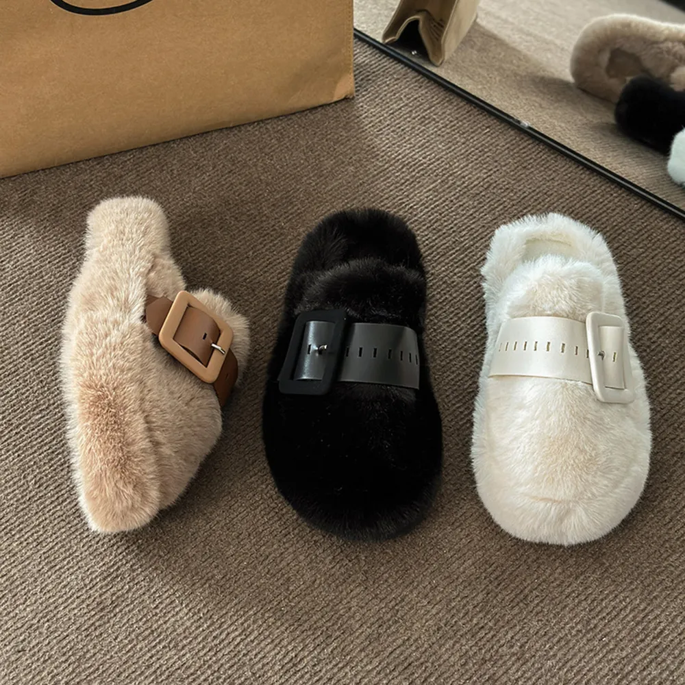 Faux Fur Buckle Slippers, image 2