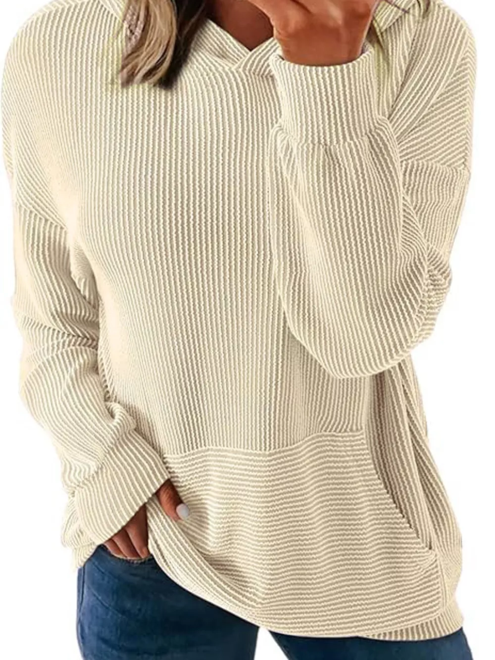 Ribbed Oversized Hoodie Sweatshirt with Pocket, image 6