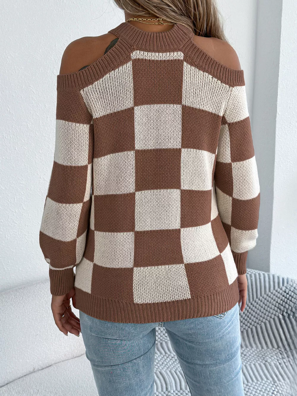 Cold Shoulder Checkered Long Sleeve Sweater, image 12
