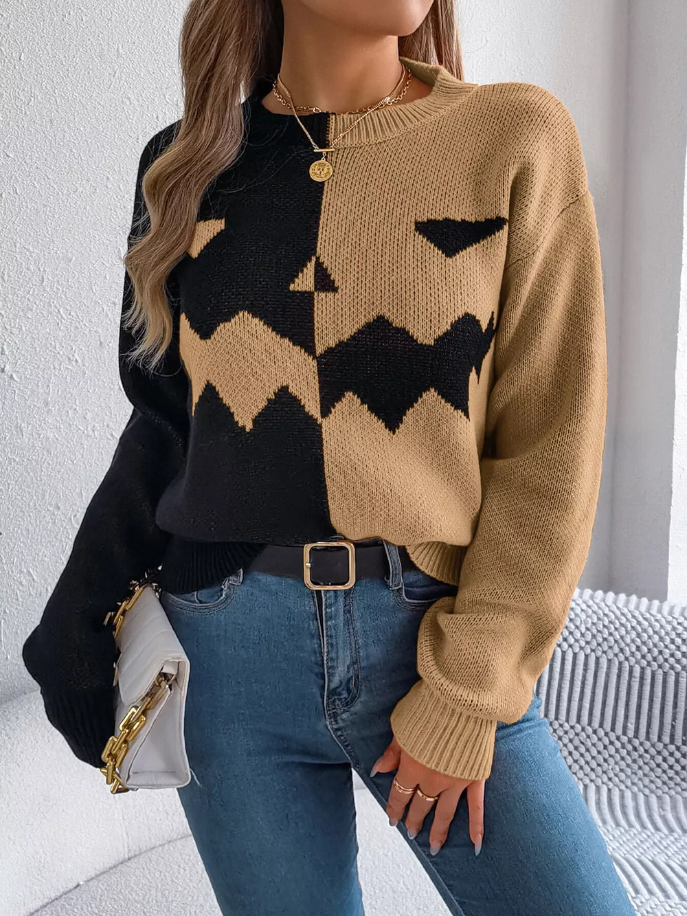 Pumpkin Face Graphic Two Tone Sweater, image 12