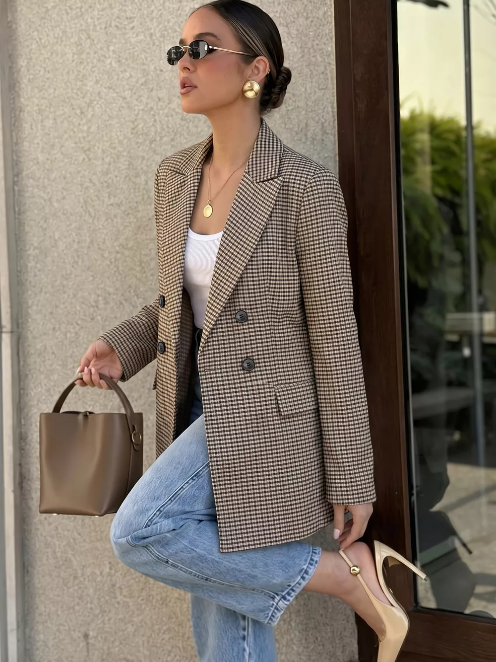 Plaid Lapel Collar Double-Breasted Blazer, image 3