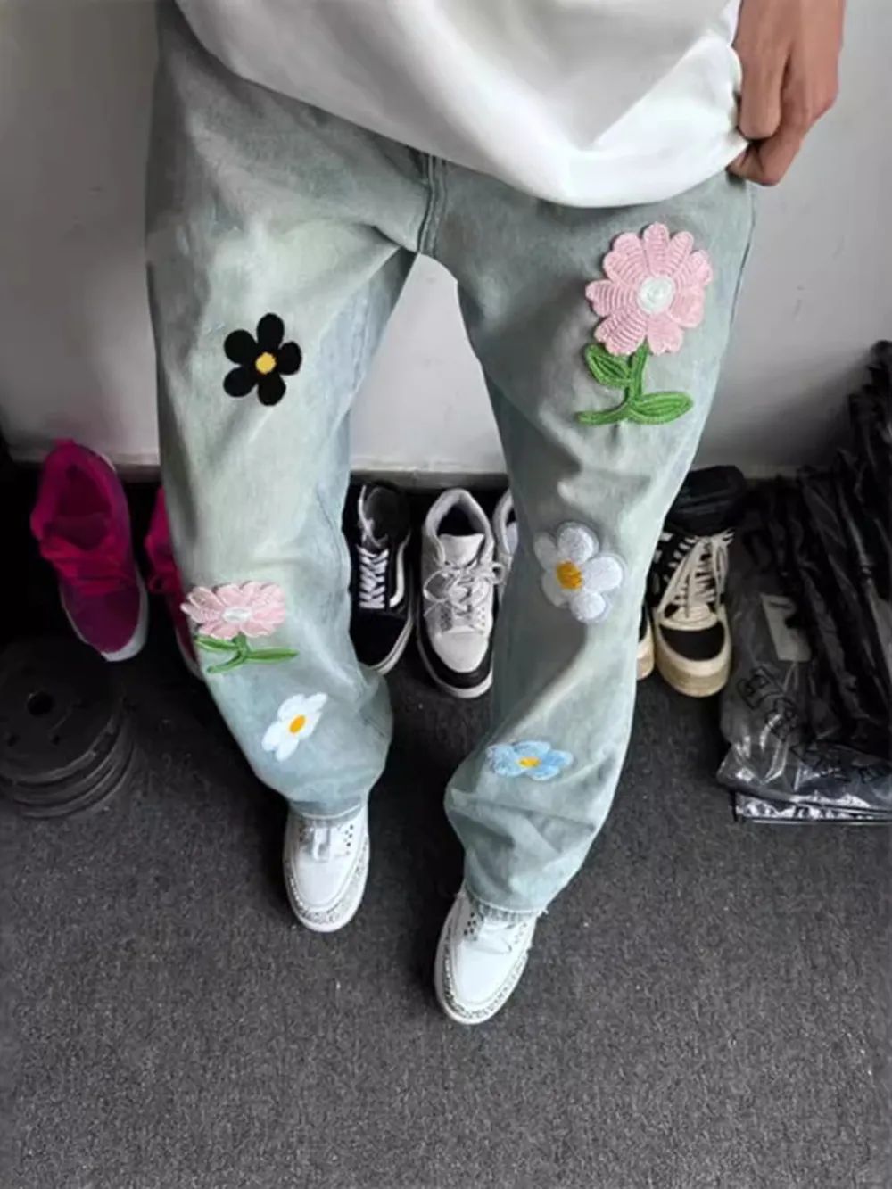 Men's Full Size Floral Wide Leg Jeans Plus Size