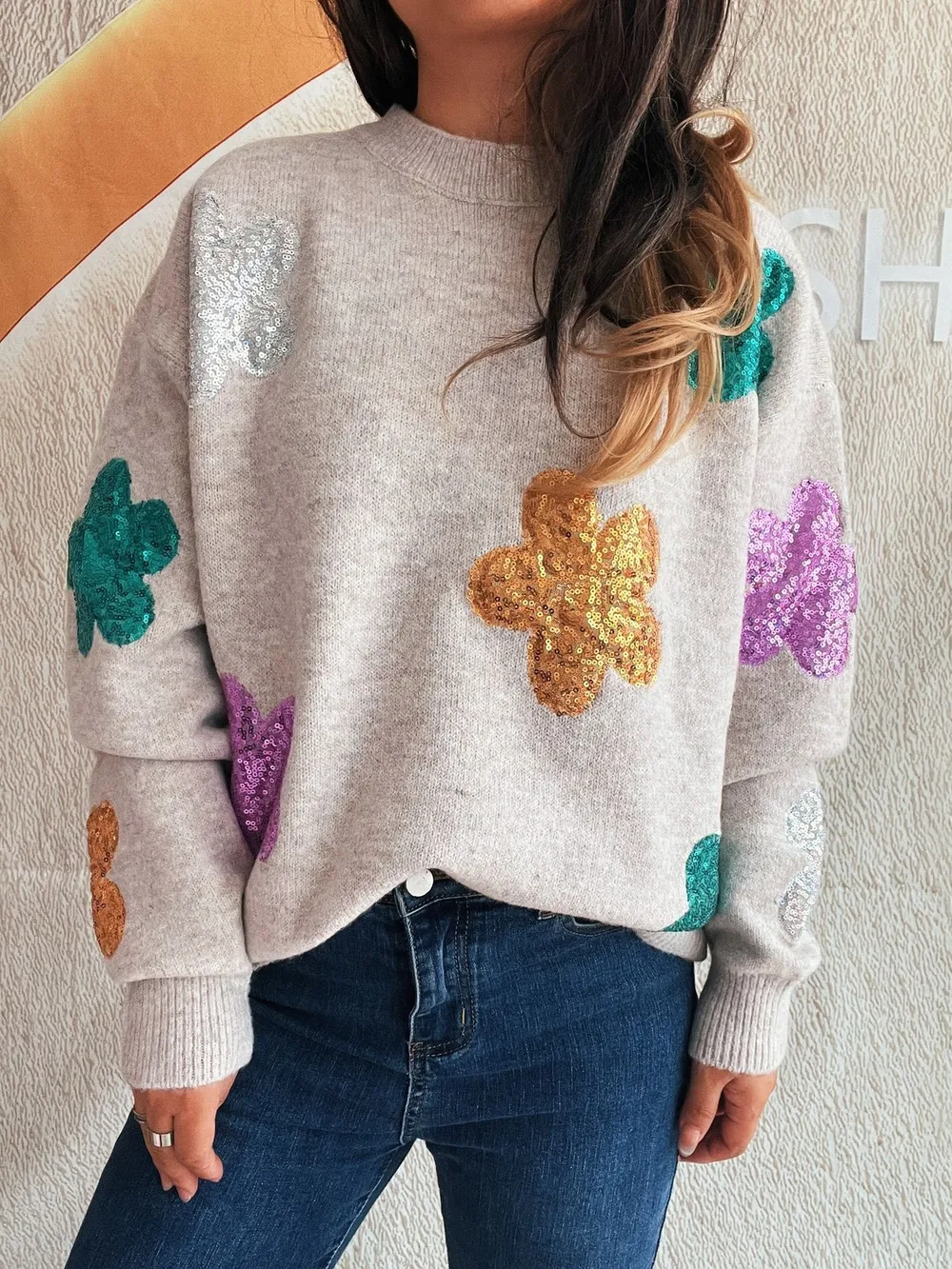 Sequin Flower Round Neck Long Sleeve Sweater, image 3